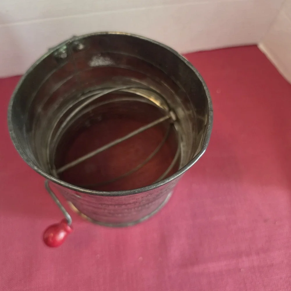 Vintage Bromwell Flour Sifter Metal Green Wood Handle Crank Kitchen Tool Antique